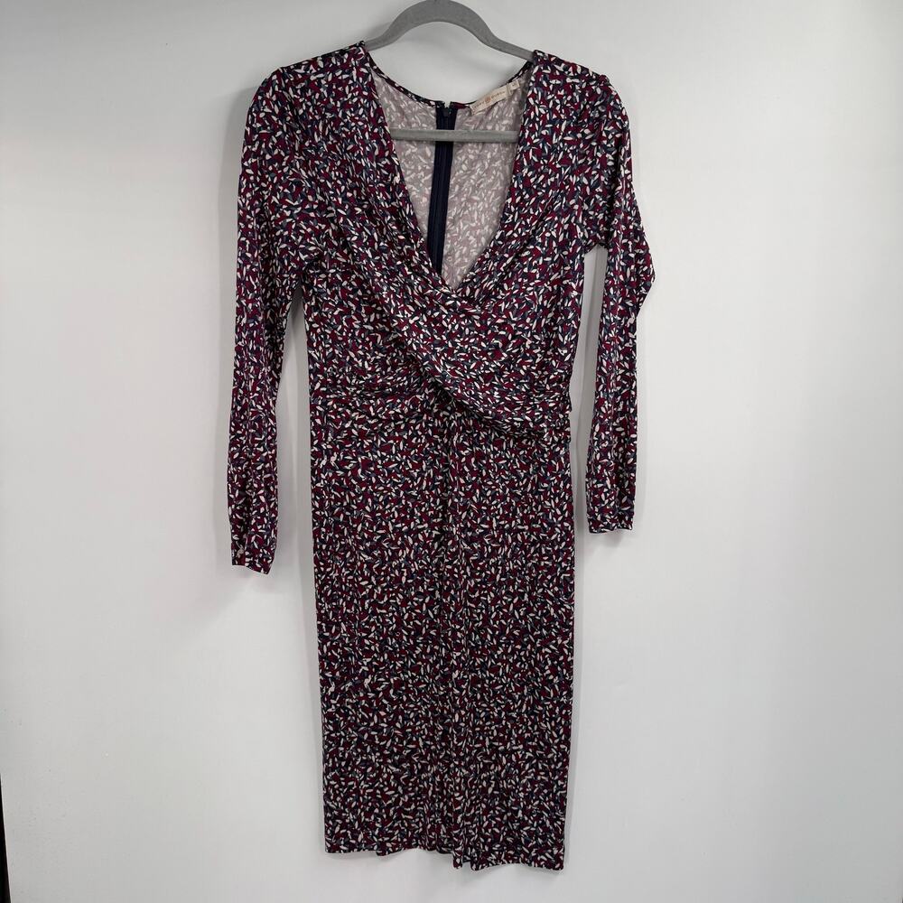 Tory Burch Dress Womens Small Burgundy Confetti Print 100% Silk Ruched - Picture 2 of 9